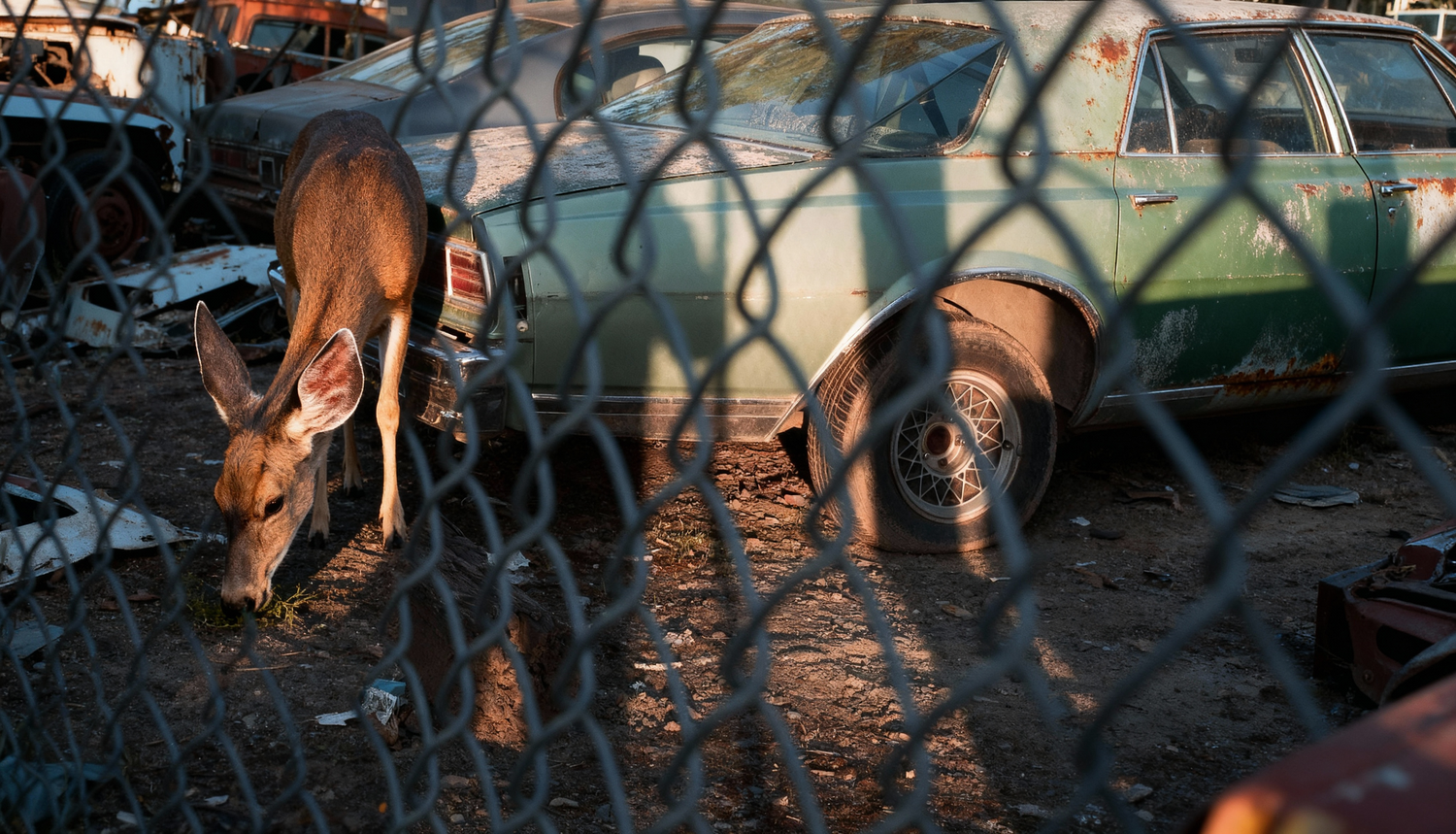 A young deer drinking water or eating grass inside a junkyard surrounded by old, rusty cars through a chain-link fence.