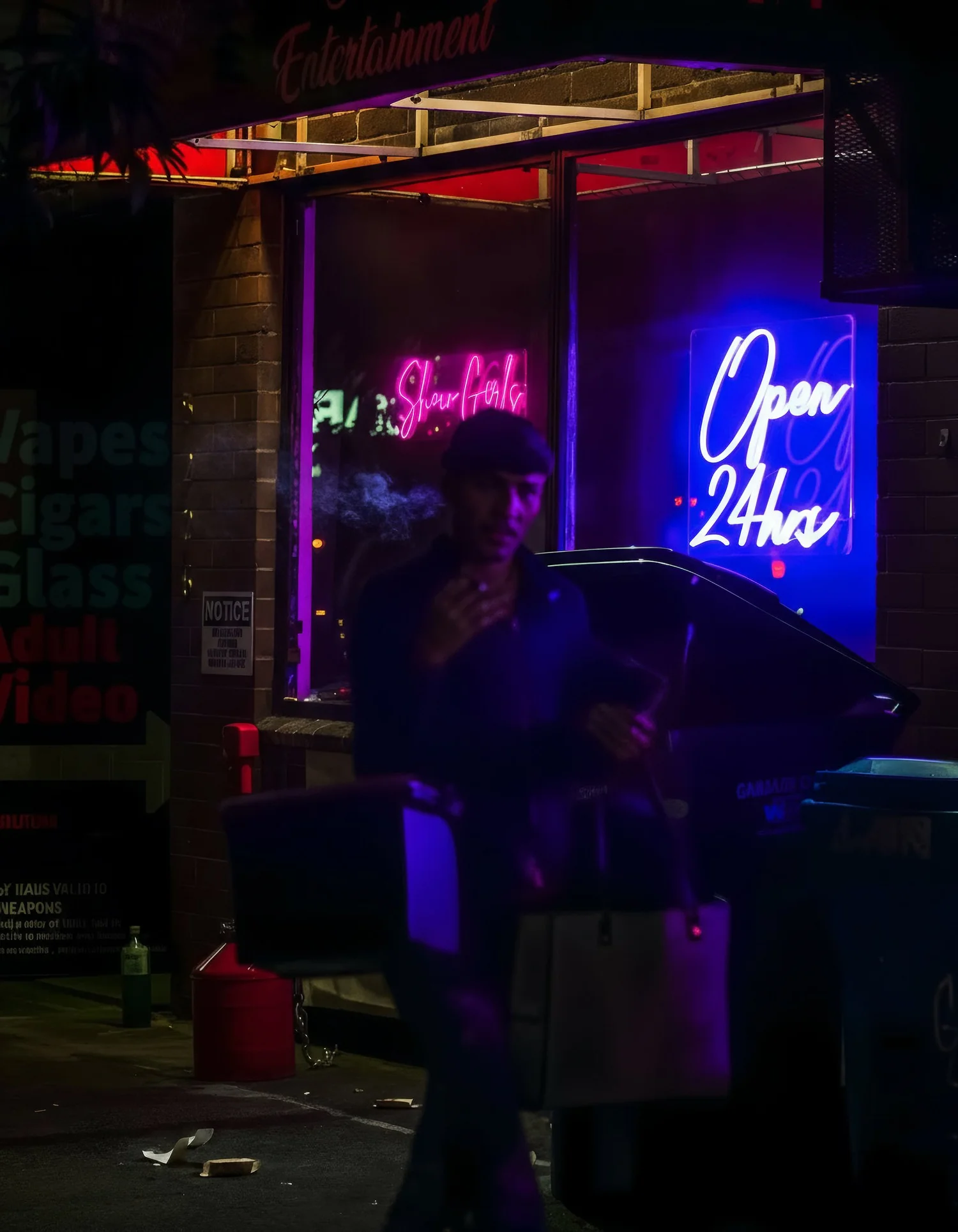 A person walking by a store at night smoking a cigarette with neon signs that say "Open 24 hrs" and "Show Girls." The person is holding a phone and is anywhere from blurry to faintly visible.