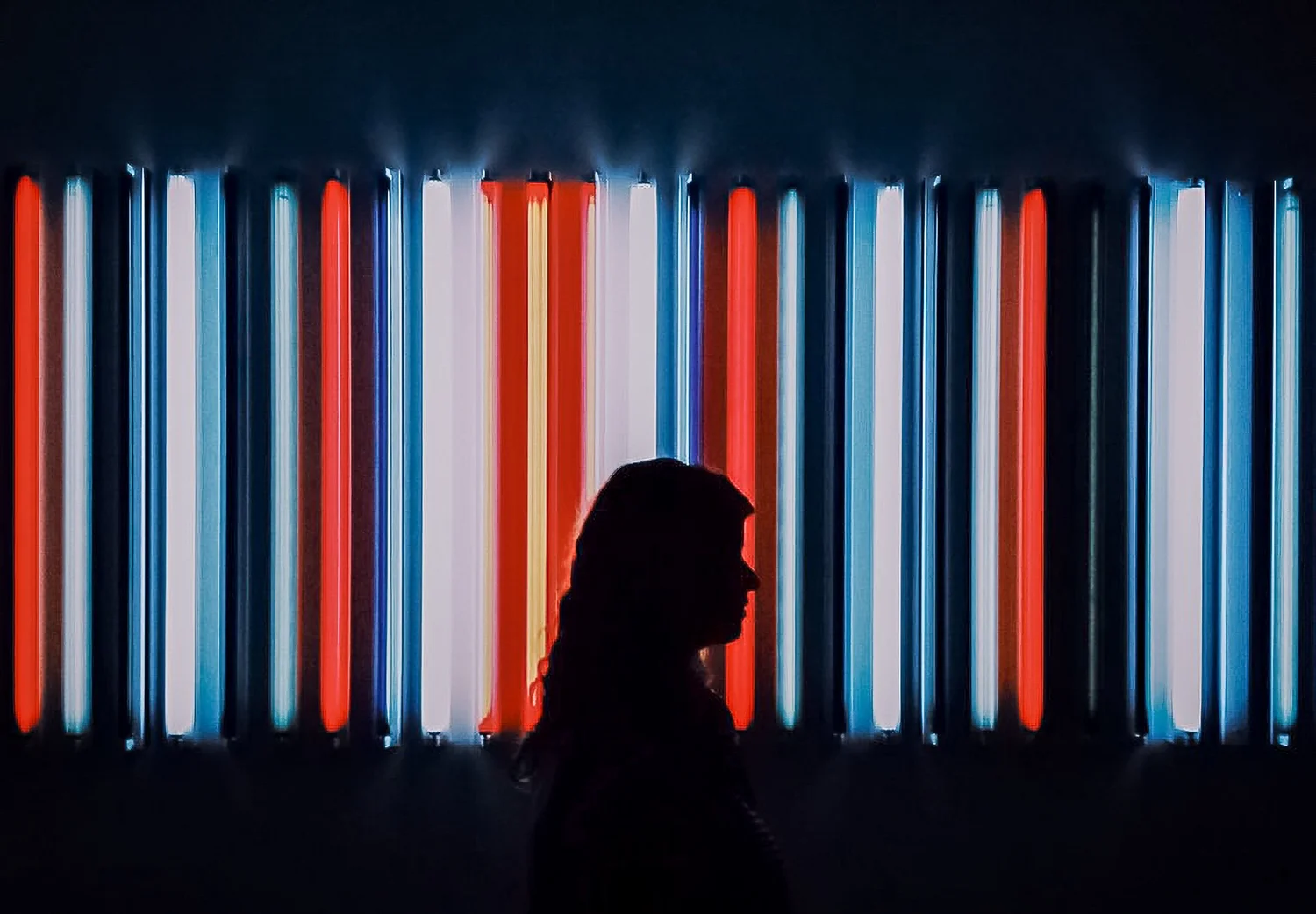 Silhouette of a woman with long hair in profile, standing in front of illuminated vertical neon lights in red, white, blue, and yellow colors, in a dark setting.