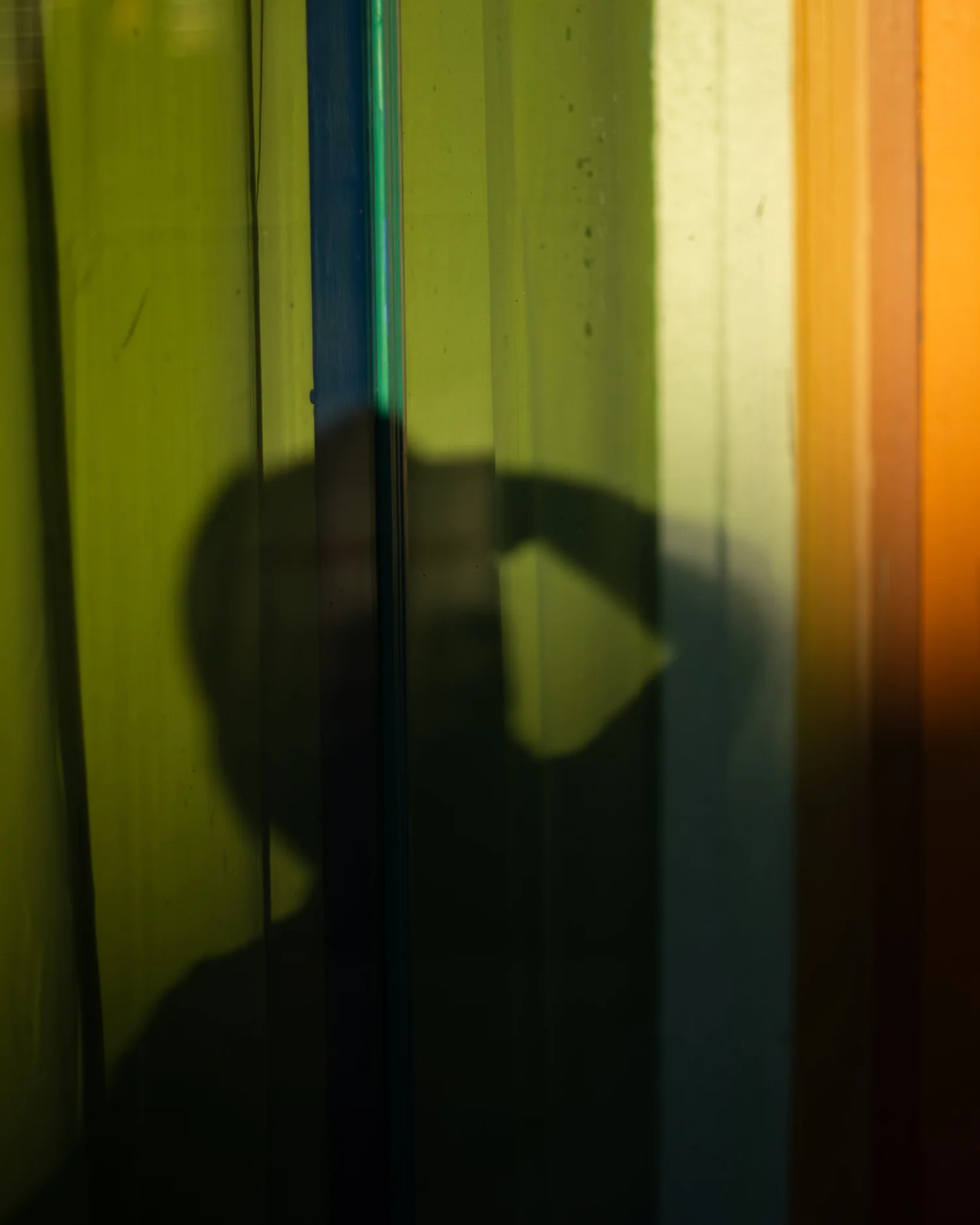 Shadow of a person holding a cup against a colorful, striped wall with yellow, green, blue, and orange sections.